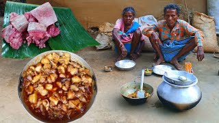 how to cook indian poor grandma & grandpa PORK MEAT CURRY and eat || actual village life india