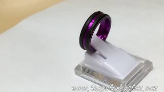 Black Tungsten Carbide Wedding Band Matching Rings Purple Groove Matte Finish Beveled Edges Ring