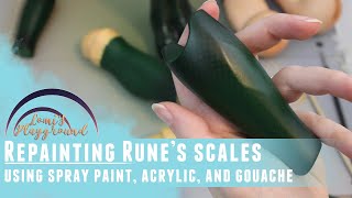 Repainting Rune's scales with spray paint, acrylic, and gouache