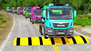 Double Flatbed Trailer Truck vs speed bumps|Busses vs speed bumps|Beamng Drive|BEAMNG4K#27