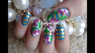 Glitter Stripes and Hibiscus Flowers Nail Art