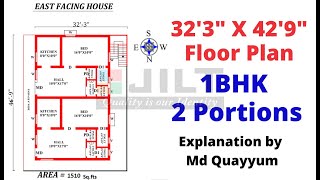 32'3"X42'9" East Face Floor Plan - 1BHK 2 Portions - Best House Plan