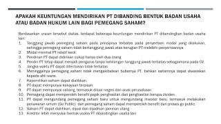 ASPEK HUKUM PERSEROAN TERBATAS : APA KEUNTUNGAN PERSEROAN TERBATAS BAGI PEMEGANG SAHAM DAN KREDITOR