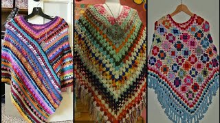 Colourful crochet cap shawl / poncho pattern design UK - US fashion trend Top Demanding designs