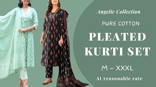 Pure cotton | Front Pleated Kurti | V neck | Cotton straight bottom | M - XXXL | Angelic Collection