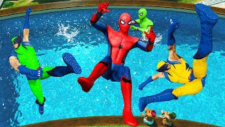 GTA 5 Rainbow Spiderman & Rainbow Wolverine Jumping into Swimming Pool(Funny Moments)