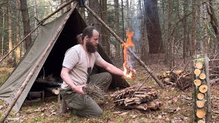 Bushcraft Camping in Viking Tent, Canvas Poncho Shelter, Rainstorm, Raised Bed, Steak Kabob