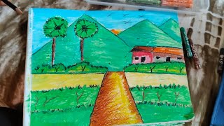 Class - 1|| How To Draw A Village Scenery Step By Step || Drawing Landscape Nature Village House