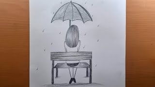 Como desenhar uma garota segurando um guarda-chuva sentada em uma cadeira com as costas viradas