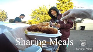 Sharing meals for  many homeless  with eggroll & chow mein , Acts of kindness .