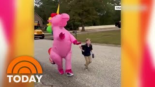 See 9-year-old react to being greeted by unicorn at school bus stop