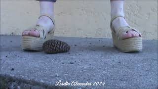 Crushing pinecone with my well worn rope platform sandals Belluci 👡