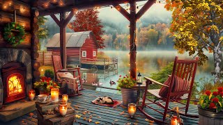 Cozy Autumn Porch Ambience By Lake house with Relaxing Fireplace, Lake Waves and First Fall Mood