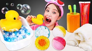 🛁Edible Towel Toothbrush Soap Bath bomb boba Mukbang🛁먹는 수건 칫솔 비누 배쓰밤 팝핑보바 먹방 JiniYum 지니얌