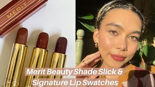 Merit Beauty Signature Lip & Shade Slick Swatches on an Olive Skin Tone