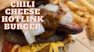 CHILI CHEESE HOT LINK BURGER