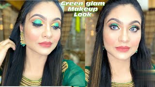 Green glam makeup tutorial ॥Full cut crease green eye makeup look