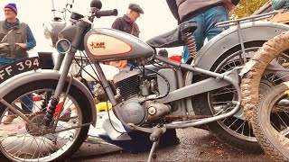 GREETINGS from KEMPTON PARK Motorcycle Autojumble 1928 BSA Velocette Bette Kick-Starts & makes NOISE