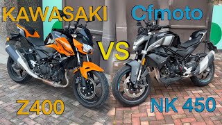 Cfmoto 450NK vs Kawasaki Z400, acceleration, braking, English review