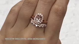 Vintage Halo Oval Morganite Ring and Crown Diamond Band Bridal Set