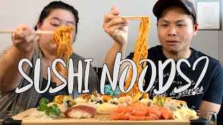 ASMR SASHIMI & SUSHI PLATTER WITH SPICY KOREAN NOODLES (EATING SOUNDS)