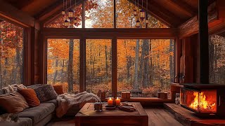 Cozy Cabin Space | Melodious Piano, Crackling Fire, Rainfall, and Chirping Birds for Relaxation