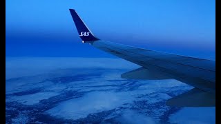 SAS Scandinavian Airlines 737-800 Trondheim-Oslo Safety, Takeoff, Inflight, Landing in blue hour