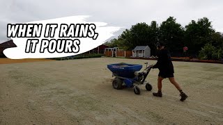 Sand top dress in the pouring rain BEACH MODE // Spring '24 lawn reno part 3