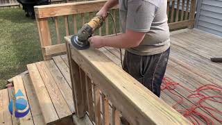 Sanding a deck to remove splinters and prep for stain