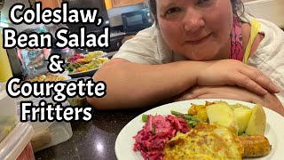 Coleslaw, bean salad and courgette fritters: Summer cooking using fresh allotment produce.