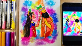 Holi playing Radha Krishna with Doms colour step by step || for beginners | holi special drawing