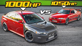 1000HP EVO X VS 1050HP Skyline R34 - JDM RIVALS! (4B11T VS RB30)