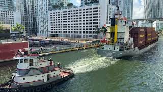 Cargo ship towed to the Ocean in Miami river 4K