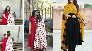 Latest Dupatta with Tassels with Plain kurti/ Kurta Designs | Multicolor pom pom Dupatta