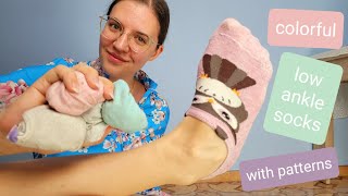 colorful PED SOCKS with patterns trying on / no show socks, barefeet, natural nails, closeup