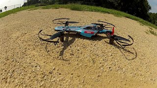 Kyosho Drone Racer flying at the park, obstacles, crashes.