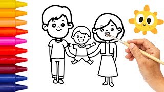 How to draw a family with 3 members step by step for kids - Vẽ và tô màu gia đình 3 người đơn giản