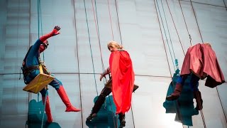 Patients cheer as superheroes rappel down children's hospital