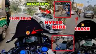 Full hyper ride 😰 R15M vs V3 gone wrong In City | Traffic Police pakad 🥵 liya | full close calls 😵