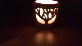 Wood turning - Tealight holder with engraved/carved tree on the side, Ash