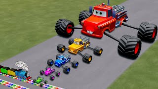 Big & Small: Wide Rescue Squad Mater with Rear Mono MonsterTruck wheel vs Trains | BeamNG.Drive