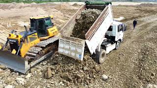 Magnificent new project dump track 5t spreading soil stone and Heavy Bulldozer pushing very smoothly