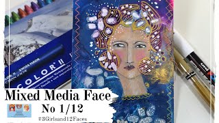 Neocolor II and a Mixed Media Face  - No 1/12 in #3Girlsand12Faces Art Collaboration 🎬▶▶▶