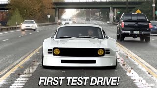 First Test Drive Of The Wide Body Mid Engine 67 Mustang Fastback!