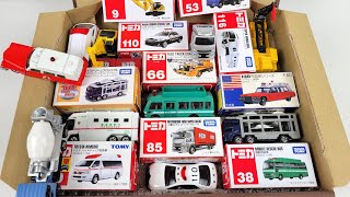 トミカ『緊急車両＆建設車両』ミニカーと同じ絵柄の箱を探し収納するよ☆Tomica Construction & Emergency Vehicles Stored in a Box!