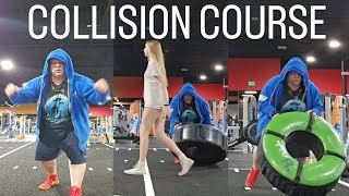 SANDMAN COLLISION COURSE TIRE FLIPPING, ROWING MACHINE, MEDICINE BALL SLAMMA JAMMA ON CROSSFIT TRACK