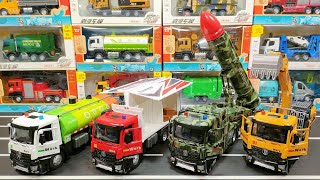 Diecast Model Cars Of Sprinkler Tank Truck, Wing Box Truck, Military Truck, Excavator