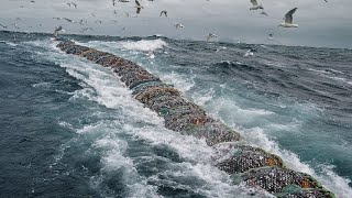 Unbelievable Big Catch Fishing In The Deep Sea With Big Boat. Frozen Fish Cutting Processing Line