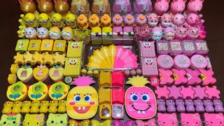 سلايم اطفال سبونج بوب وبسيط PINK VS YELLOW WITH CLAY PIPING BAGS ! CLAY AND GLITTER ! Mixing Random