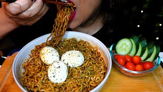 ASMR SPICY Buldak Black Bean Noodles and Soft Boiled Eggs | Eating Sounds | No Talking